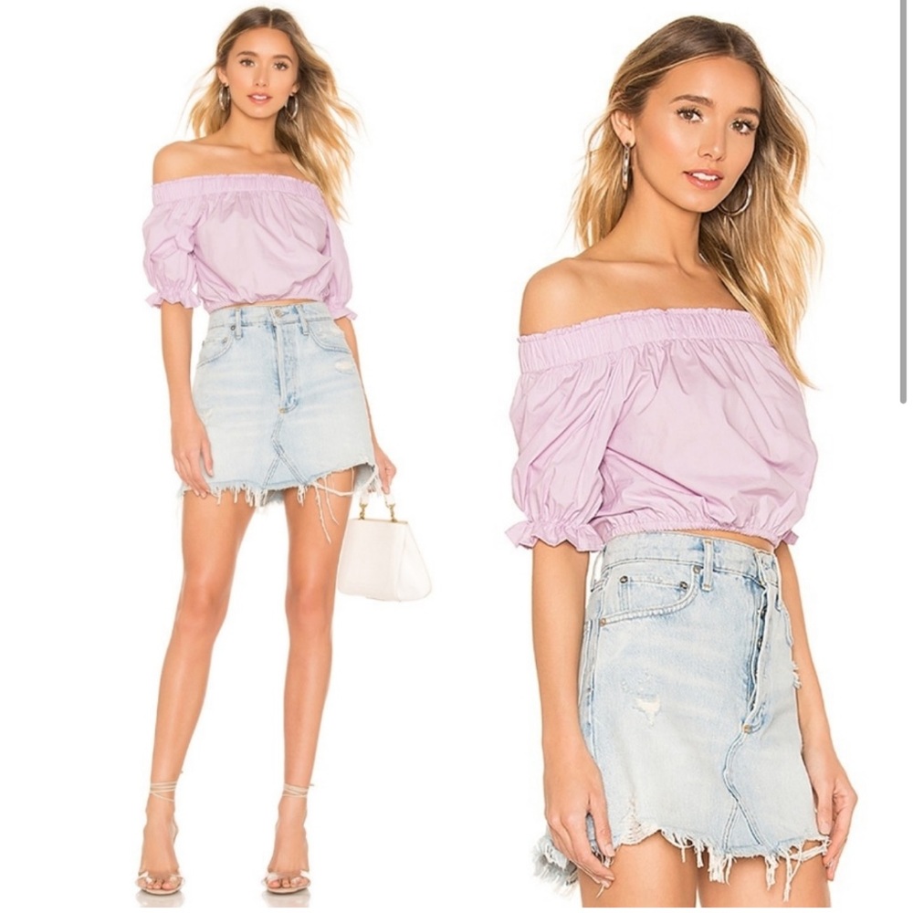 Superdown Candice off shoulder lavender crop top